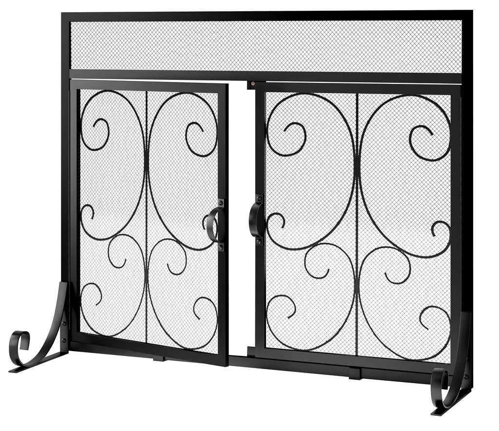 Black Flat Fireplace Screen with Doors I604023