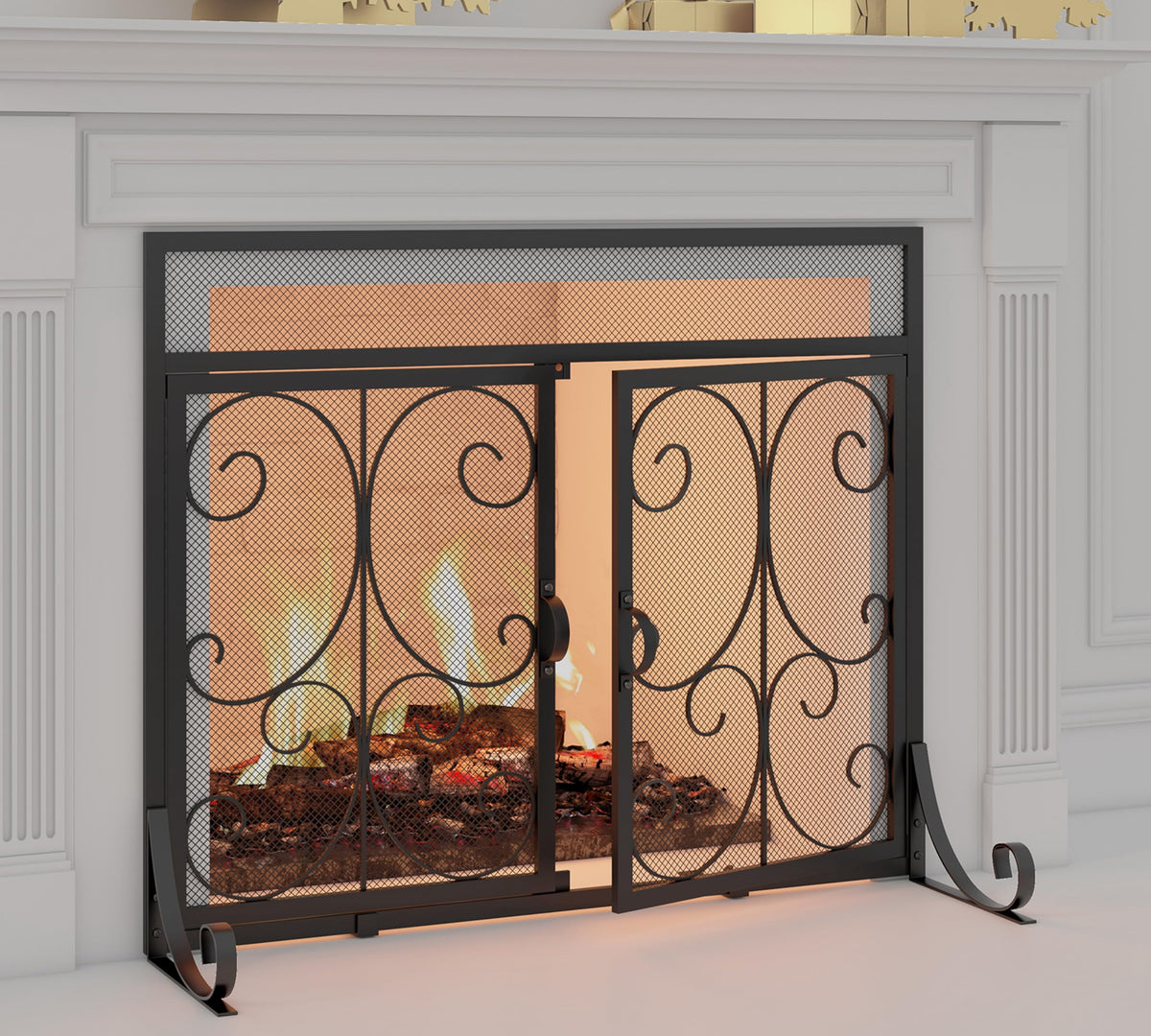 Black Flat Fireplace Screen with Doors I604023