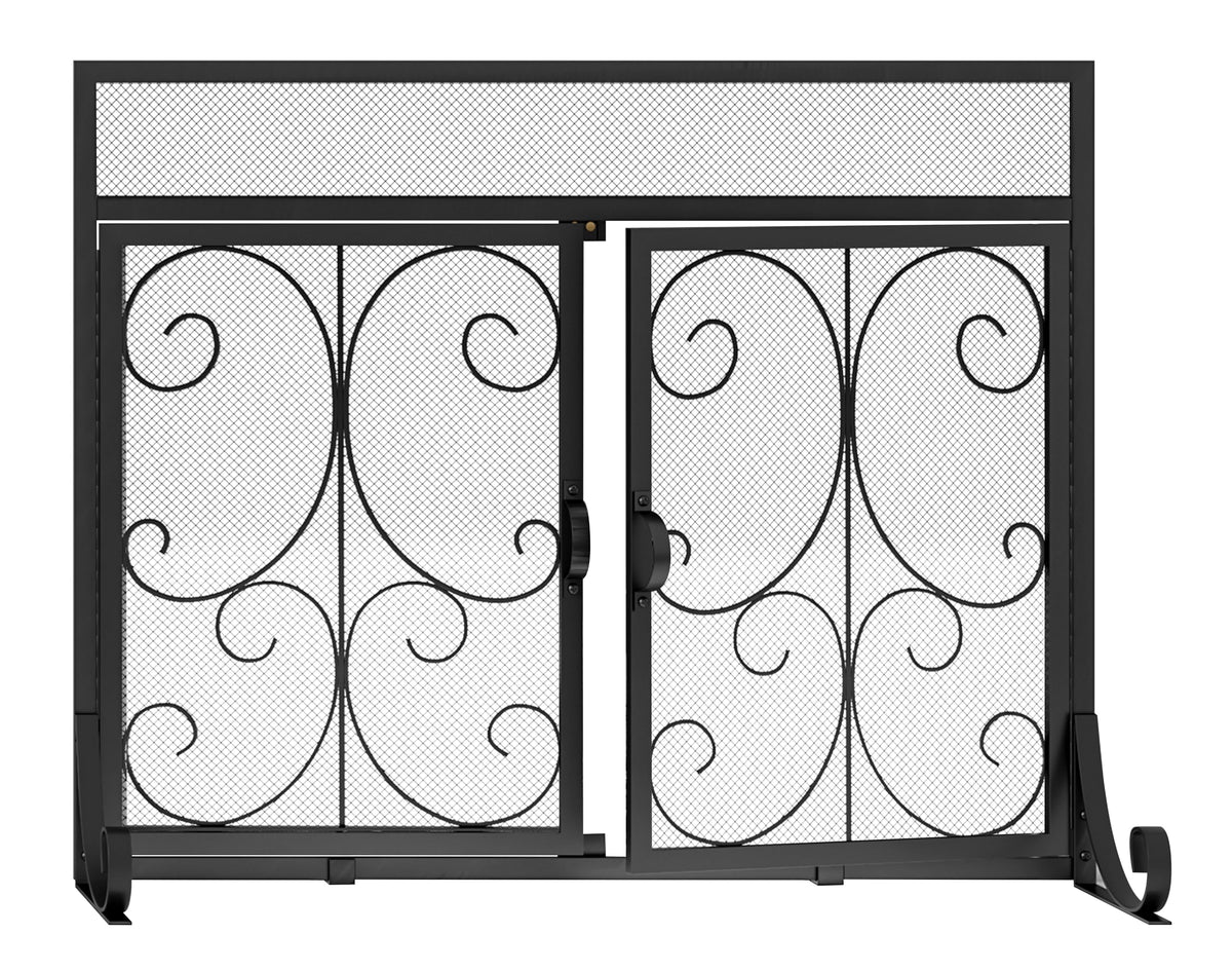 Black Flat Fireplace Screen with Doors I604023