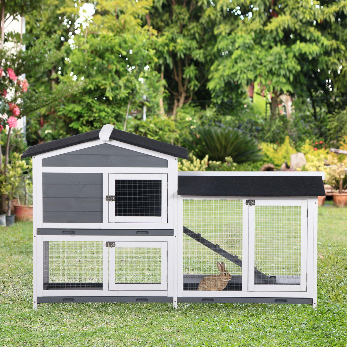 Gray 2-Tier Wooden Rabbit Hutch with Removable Tray U53757
