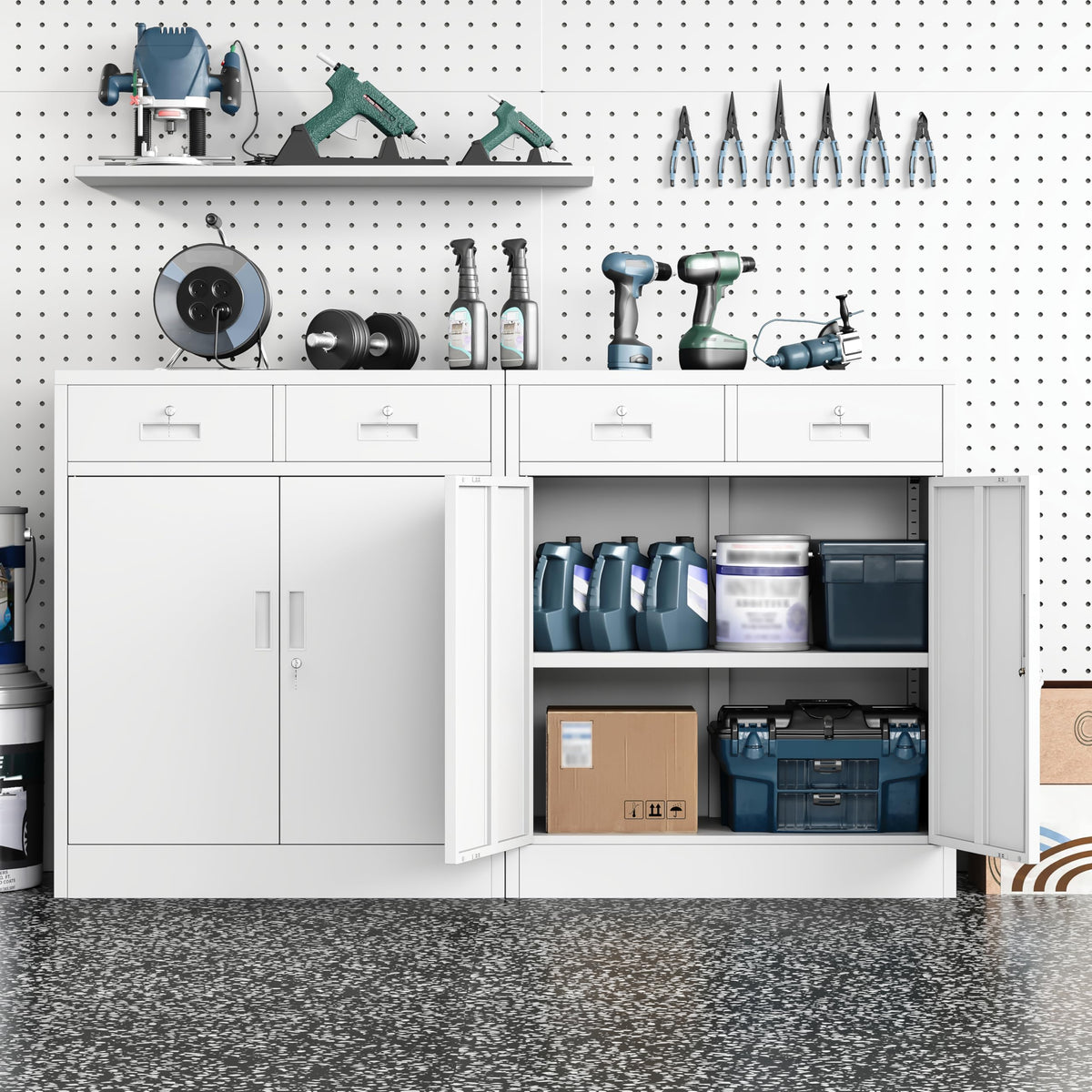 White Steel Lockable Storage Cabinet with Drawer and Adjustable Shelves Z163