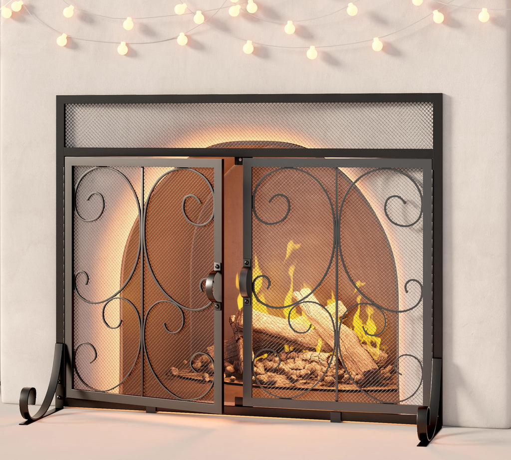 Black Flat Fireplace Screen with Doors I604023