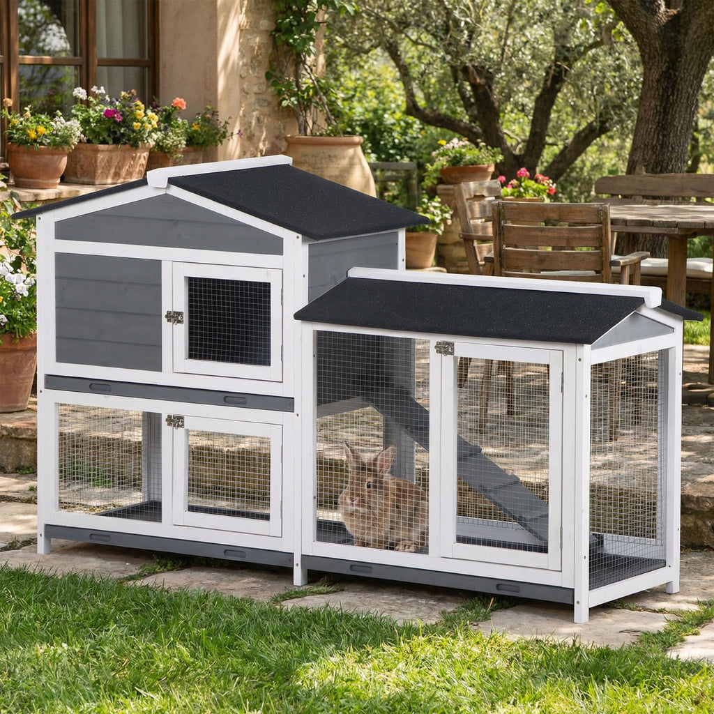 Gray 2-Tier Wooden Rabbit Hutch with Removable Tray U53757