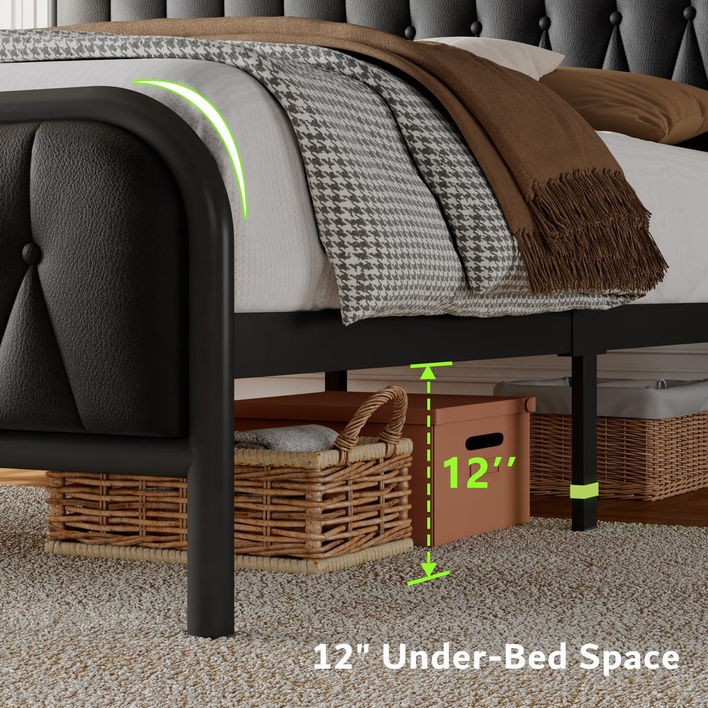 Black Leather Full Size Bed Frame with Charging Station S77685