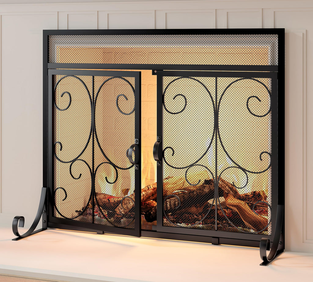 Black Flat Fireplace Screen with Doors I604023