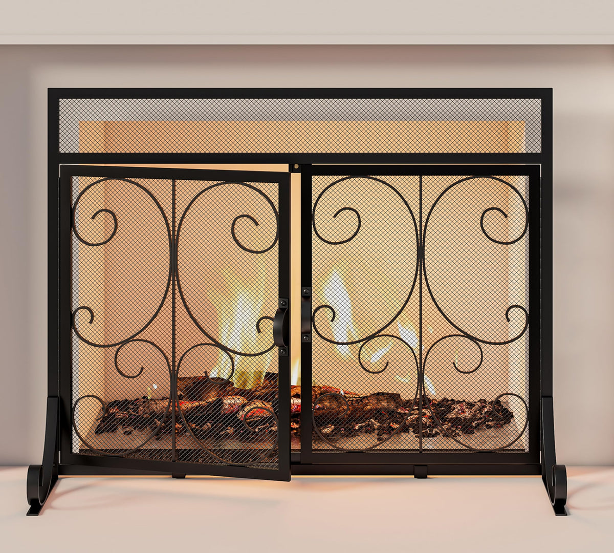 Black Flat Fireplace Screen with Doors I604023