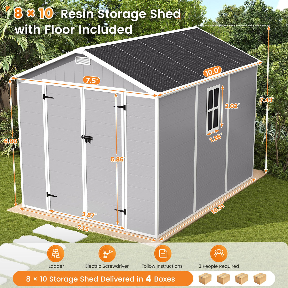 8 x 10 FT Resin Outdoor Storage Shed with Floor A4190